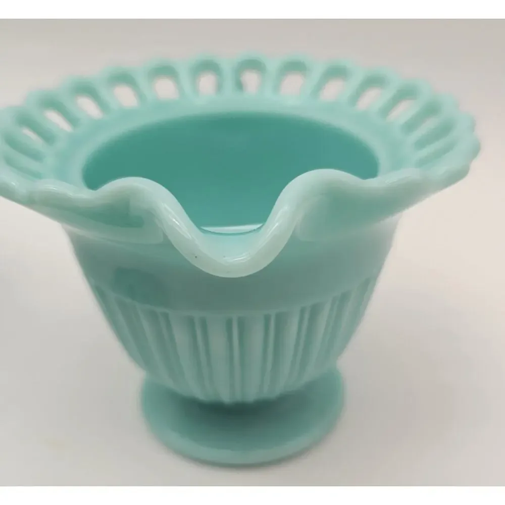 Fostoria Randolph Blue Milk Glass Cream Sugar & Candlestick Holder Set